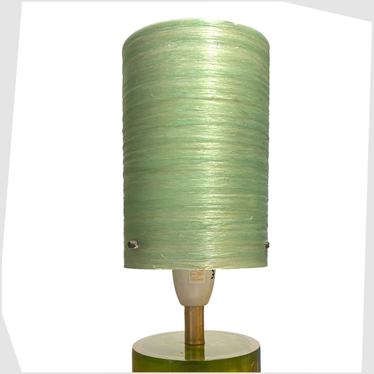 green spun fibreglass lampshade on a greenshattaline lamp base