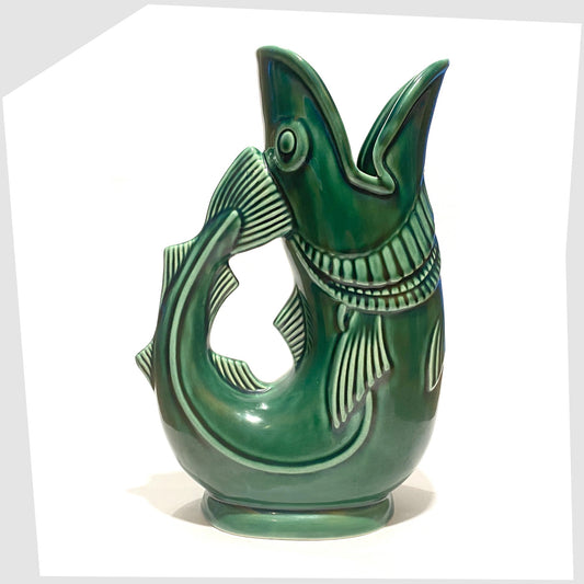 vintage Shreve, Crump & Low Gurgling Cod Pitcher in green glaze, modelled on the iconic Gluggle Jugs made in the UK