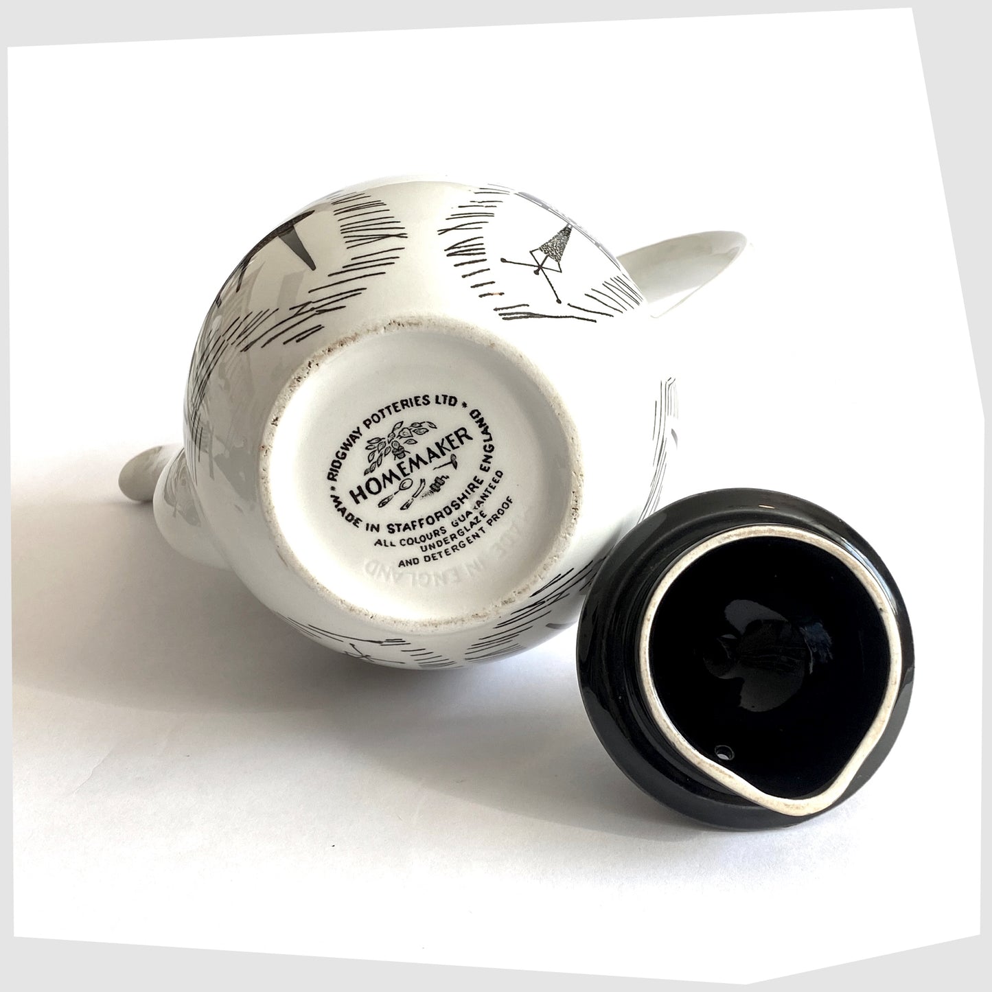 base of the Homemaker Coffee Pot made by Ridway Potteries, Staffordshire. White Coffee Pot glazed with iconic images of mid-century homeware