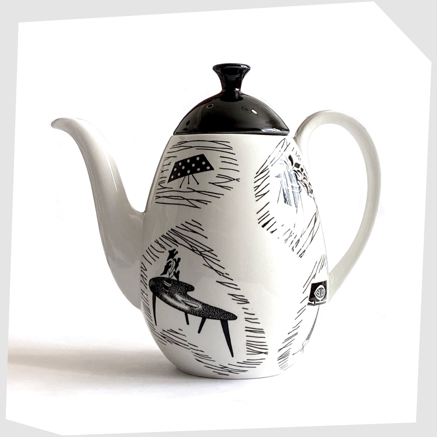 Homemaker Coffee Pot made by Ridway Potteries, Staffordshire. White Coffee Pot glazed with iconic images of mid-century homeware