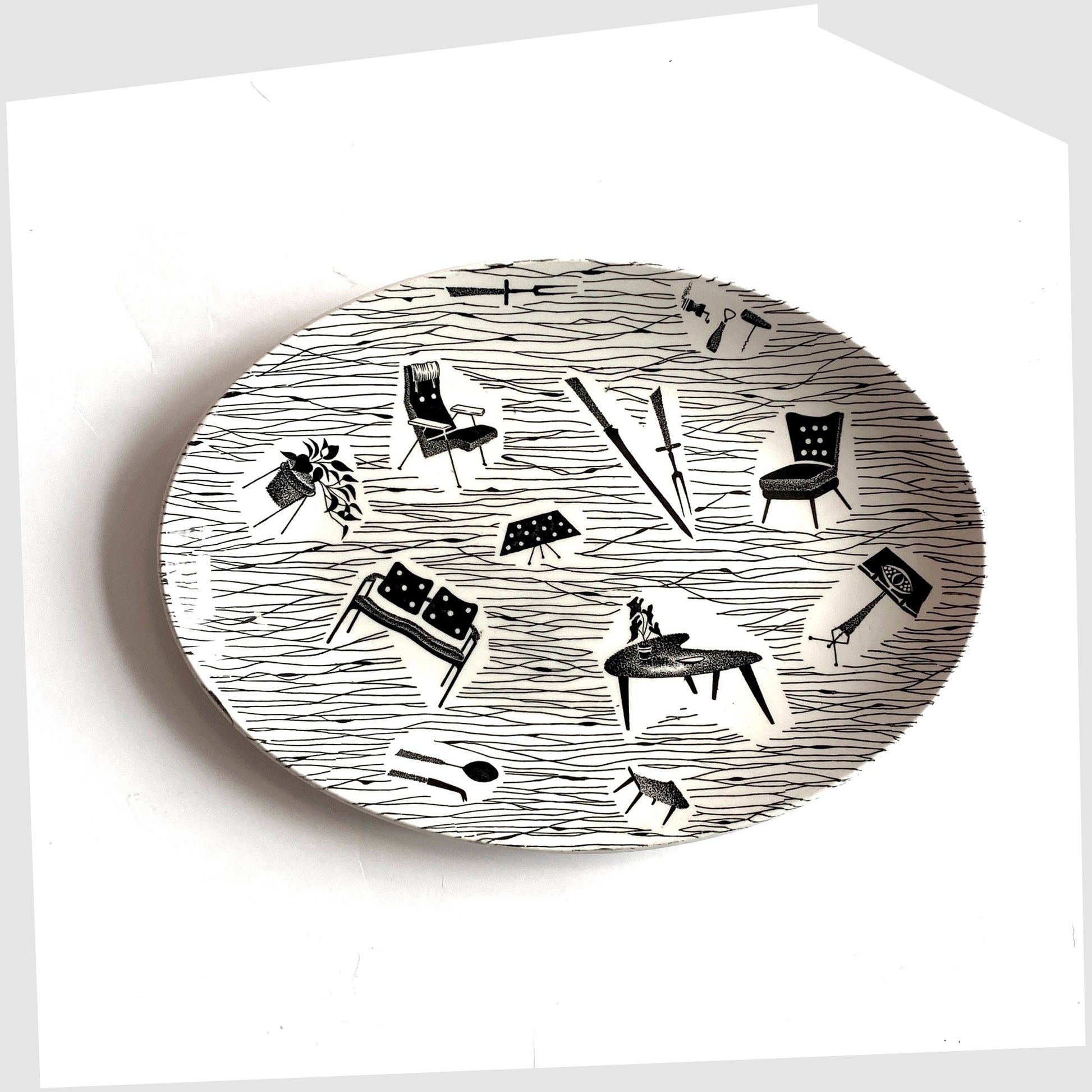 Ridway Pottery Homemaker Oval Platter with mid-century modern design in monochrome, shown on a white background