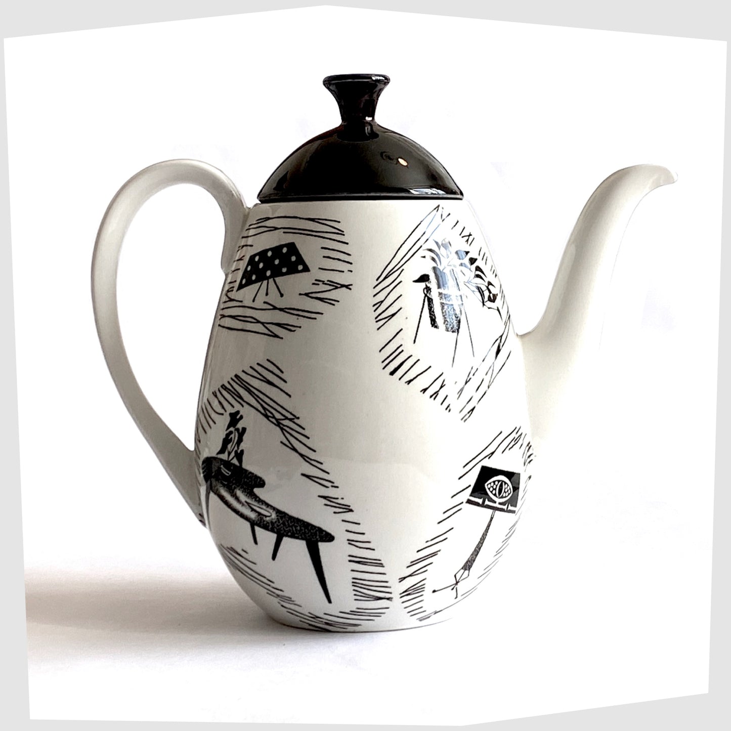 Homemaker Coffee Pot made by Ridway Potteries, Staffordshire. White Coffee Pot glazed with iconic images of mid-century homeware