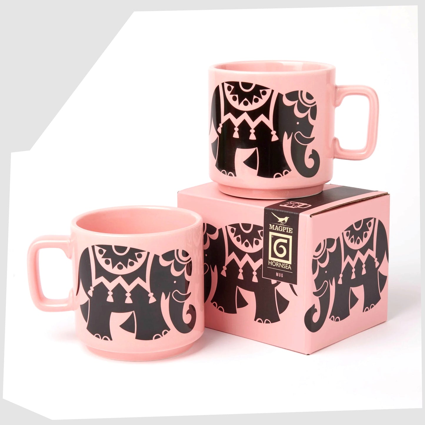 magpie x hornsea pottery elephant mug shown with its printed gift box packaging