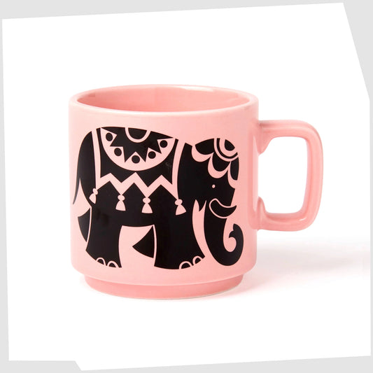 magpie x hornsea pottery elephant mug, featuring a pastel pink mug with a black elephant design