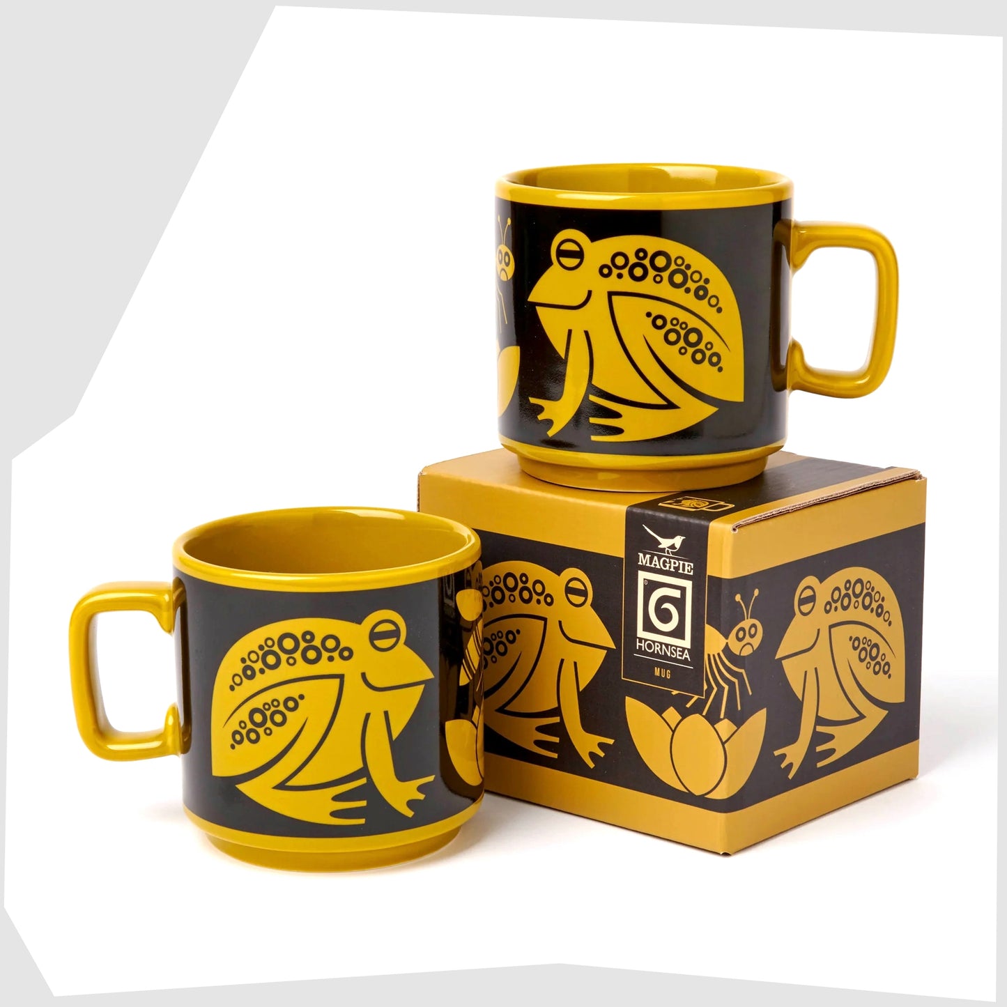 magpie x hornsea frog mug. Charteuse yellow mug shown with its printed gift box