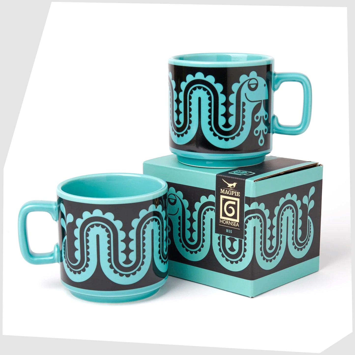 magpie x hornsea pottery nessie mug, blue stoneware mug with a black pattern of a flowing sea monster, shown with its printed gift box