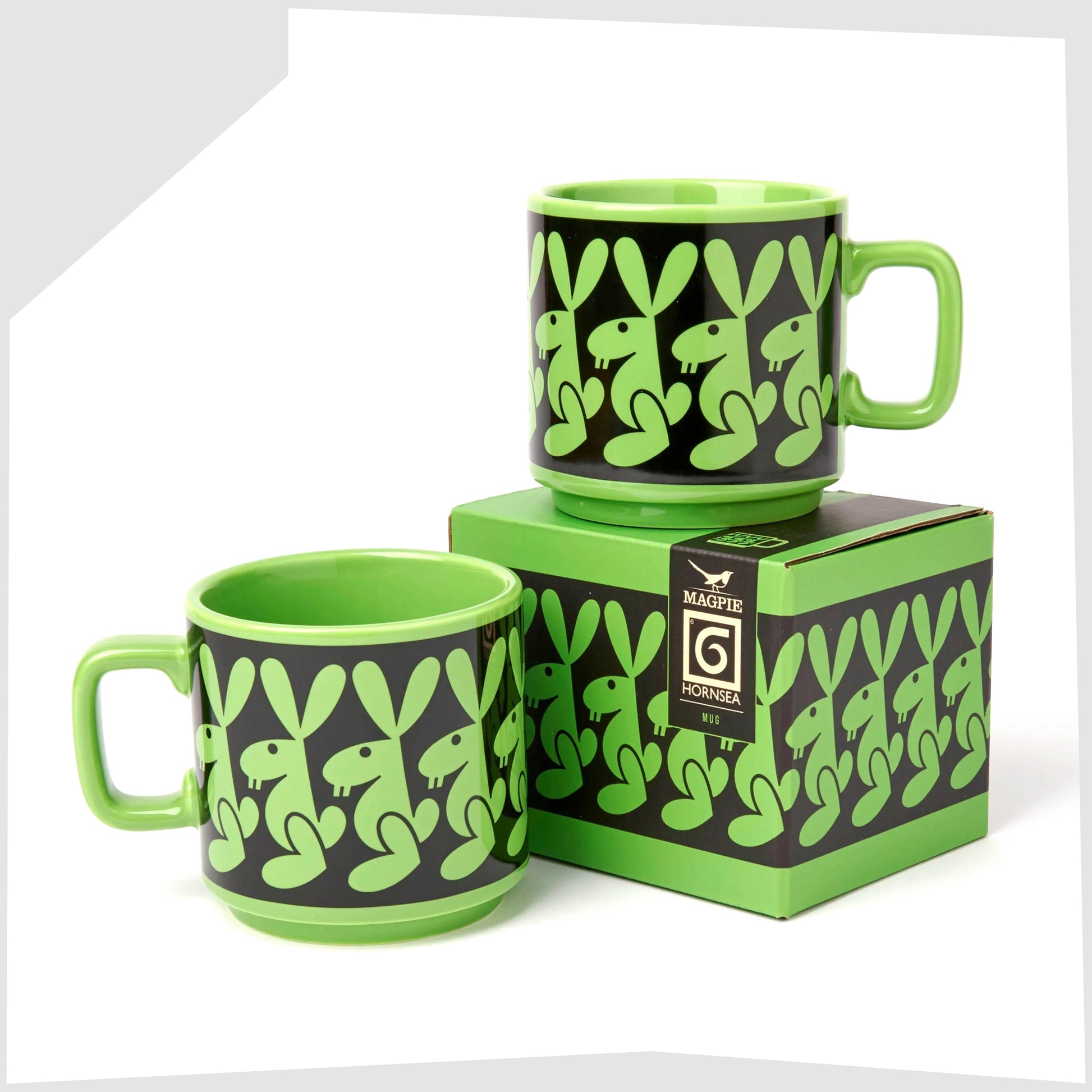 magpie x hornsea pottery rabbit mug shown with its printed gift box