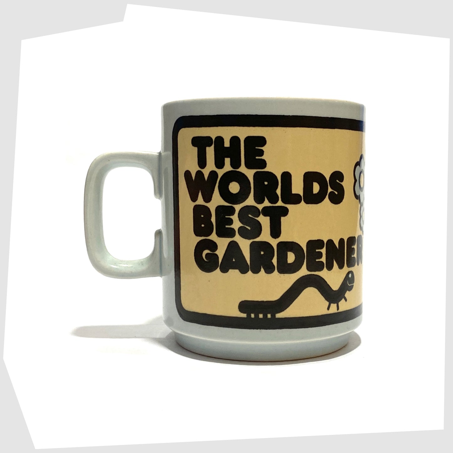 vintage Hornsea Pottery The Worlds Best Gardener Mug, featuring a playful illustration of a gardener alongside his wilting plants