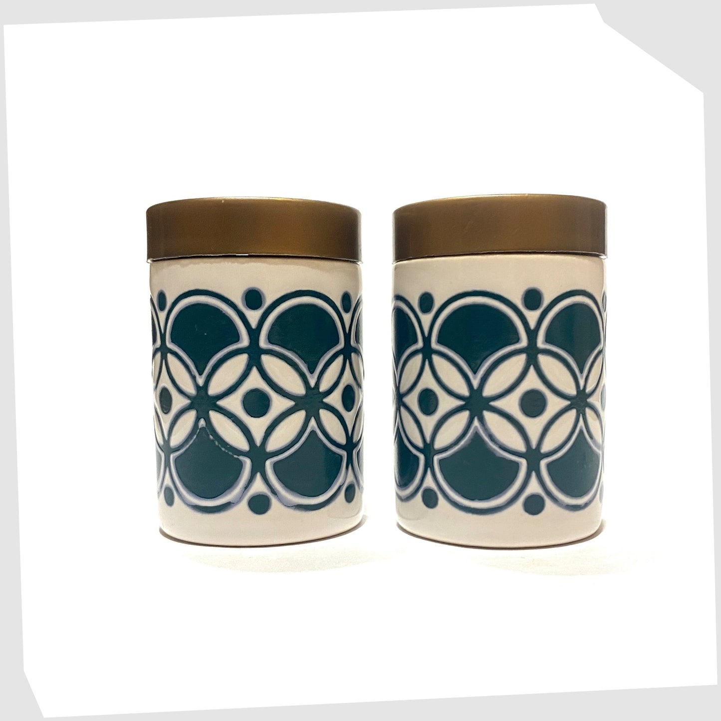 vintage hornsea pottery salt and pepper set in white with teal geometric pattern