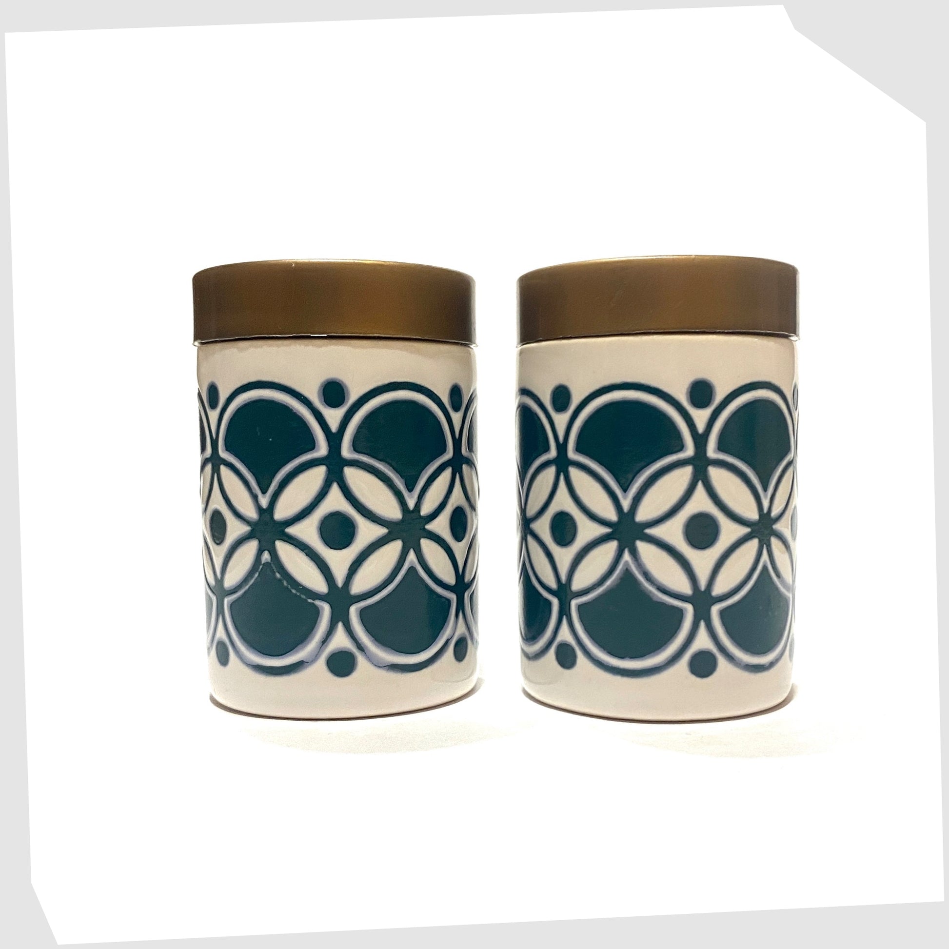vintage hornsea pottery salt and pepper set in white with teal geometric pattern