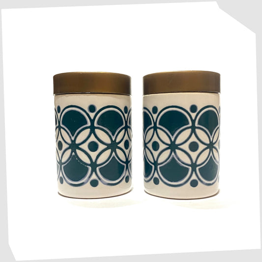 vintage hornsea pottery salt and pepper set in white with teal geometric pattern