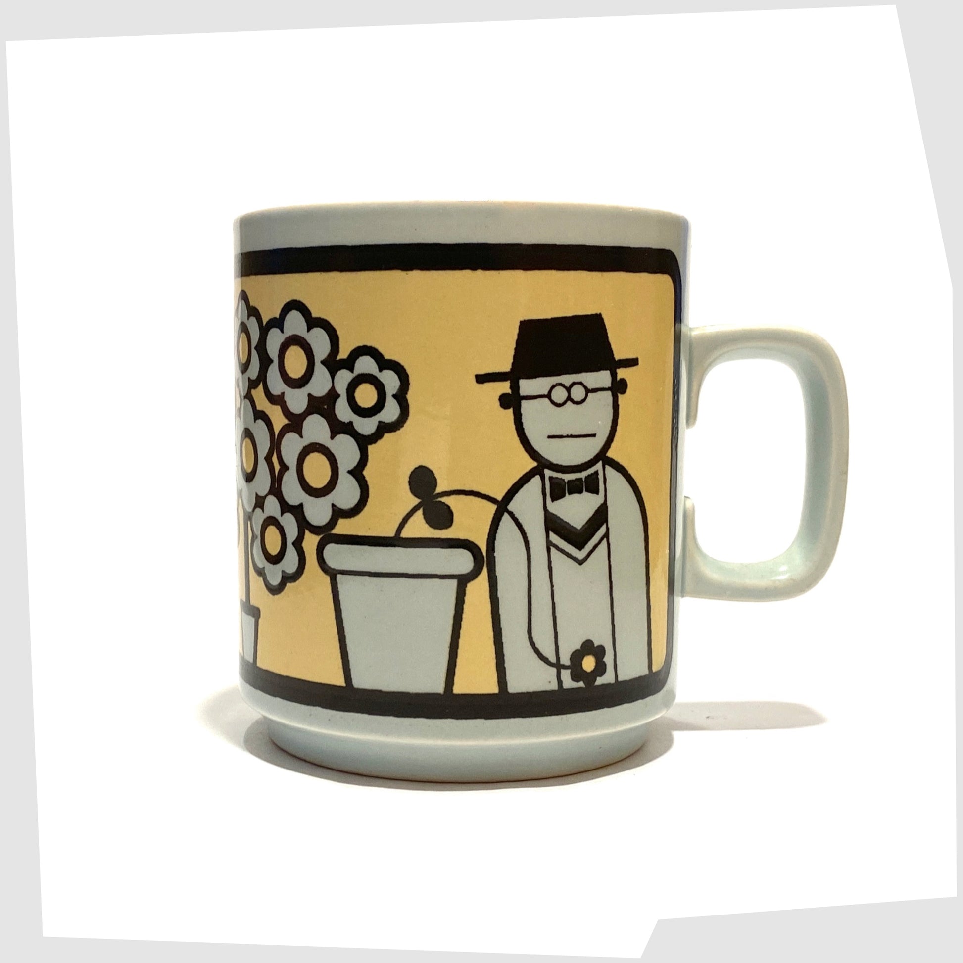 1970s Hornsea Pottery The Worlds Best Gardener Mug, featuring a playful illustration of a gardener alongside his wilting plants