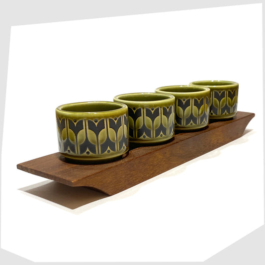 vintage Hornsea Pottery egg cup set in wooden stand finished in the lakeland green heirloom print
