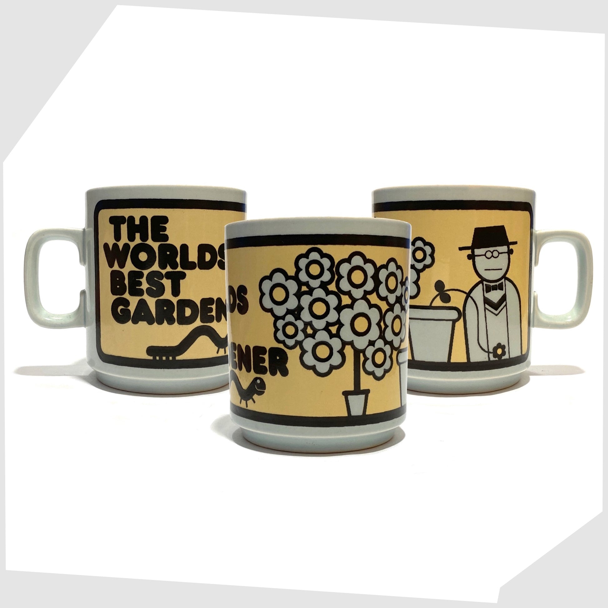 vintage Hornsea Pottery The Worlds Best Gardener Mug, featuring a playful illustration of a gardener alongside his wilting plants