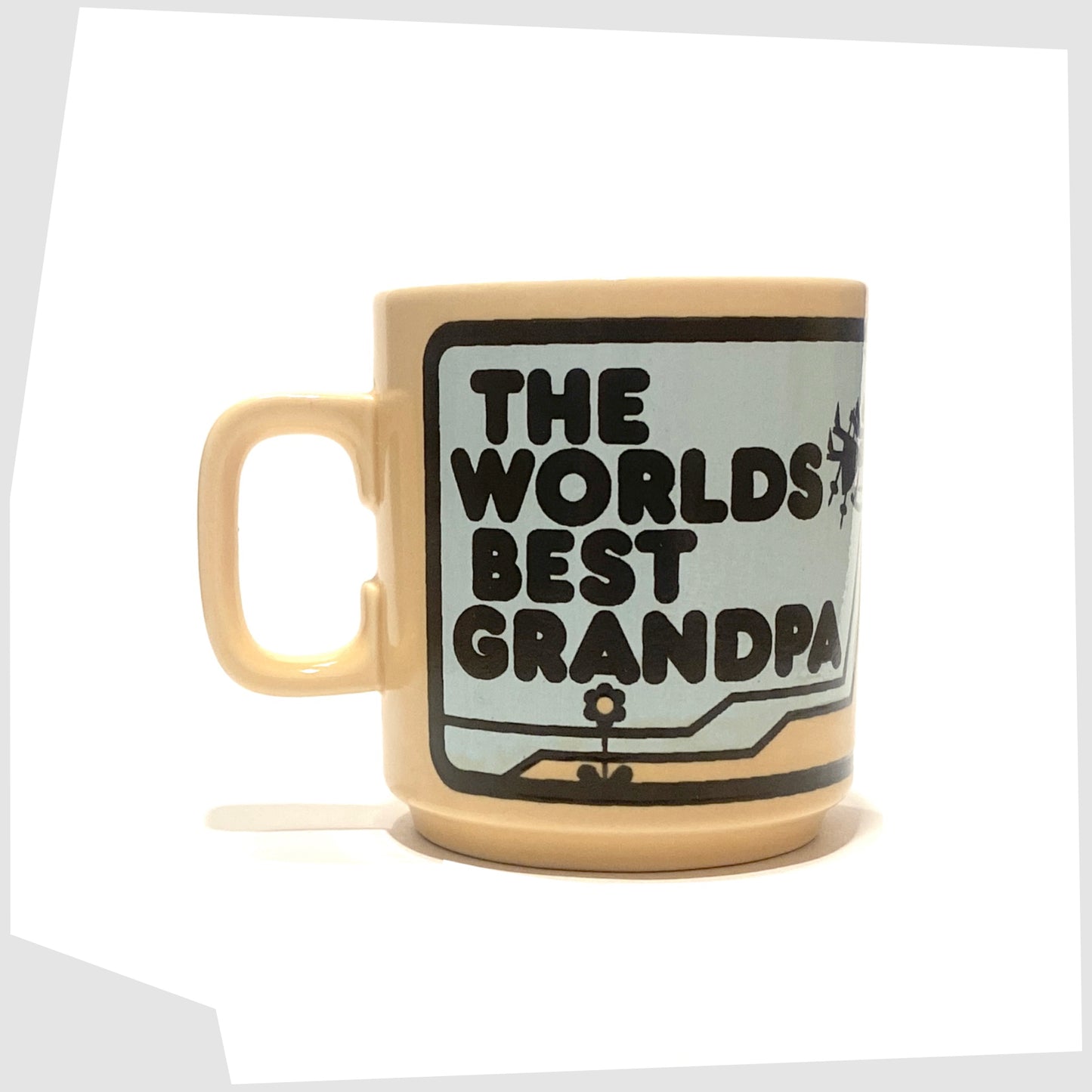 vintage hornsea pottery 'the worlds best grandpa' mug featuring a wrap around illustration of a grandfather climbing a mountain 