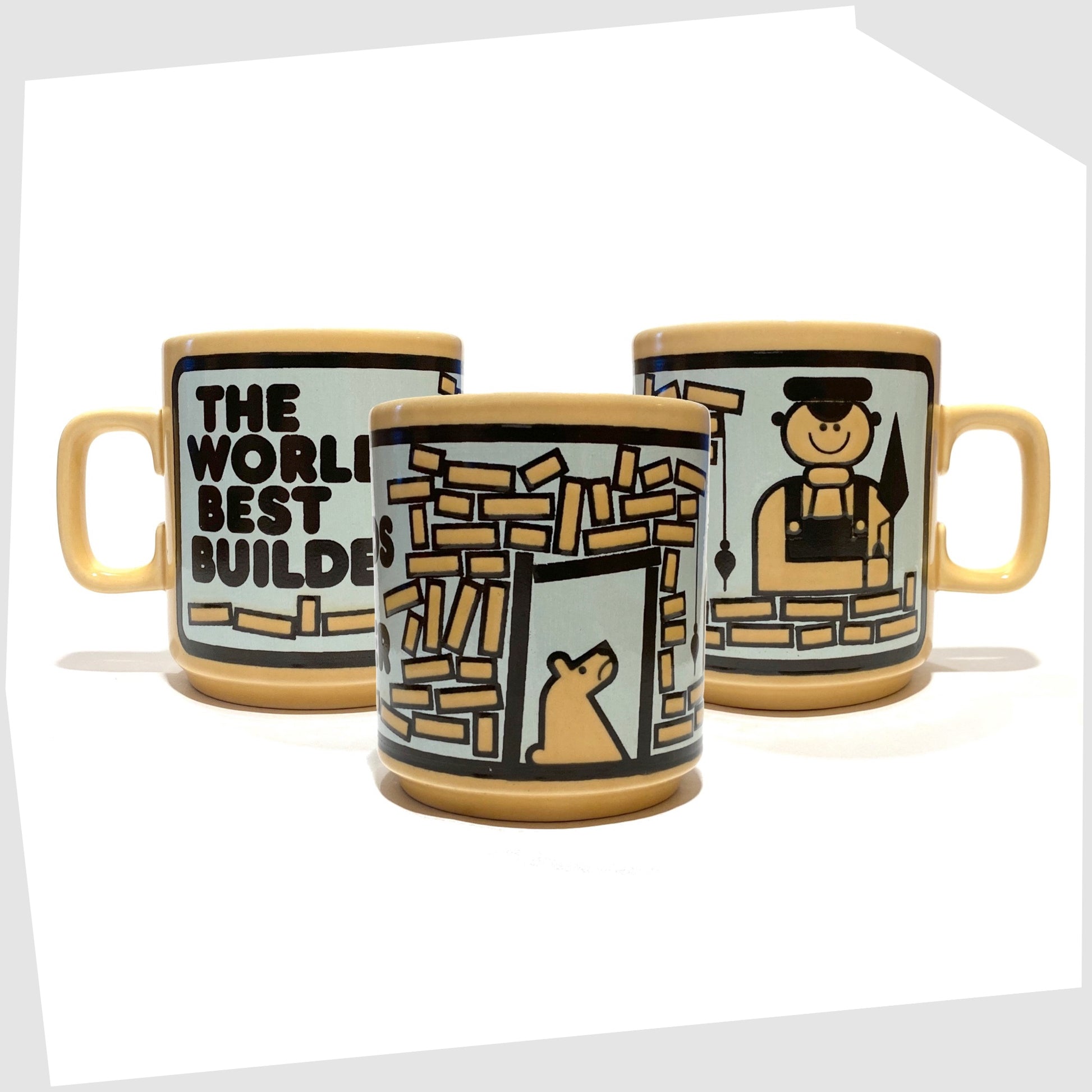 Vintage Hornsea Pottery Mug featuring an illustration of a builder with his wonky brickwork alongside the text The Worlds Best Builder