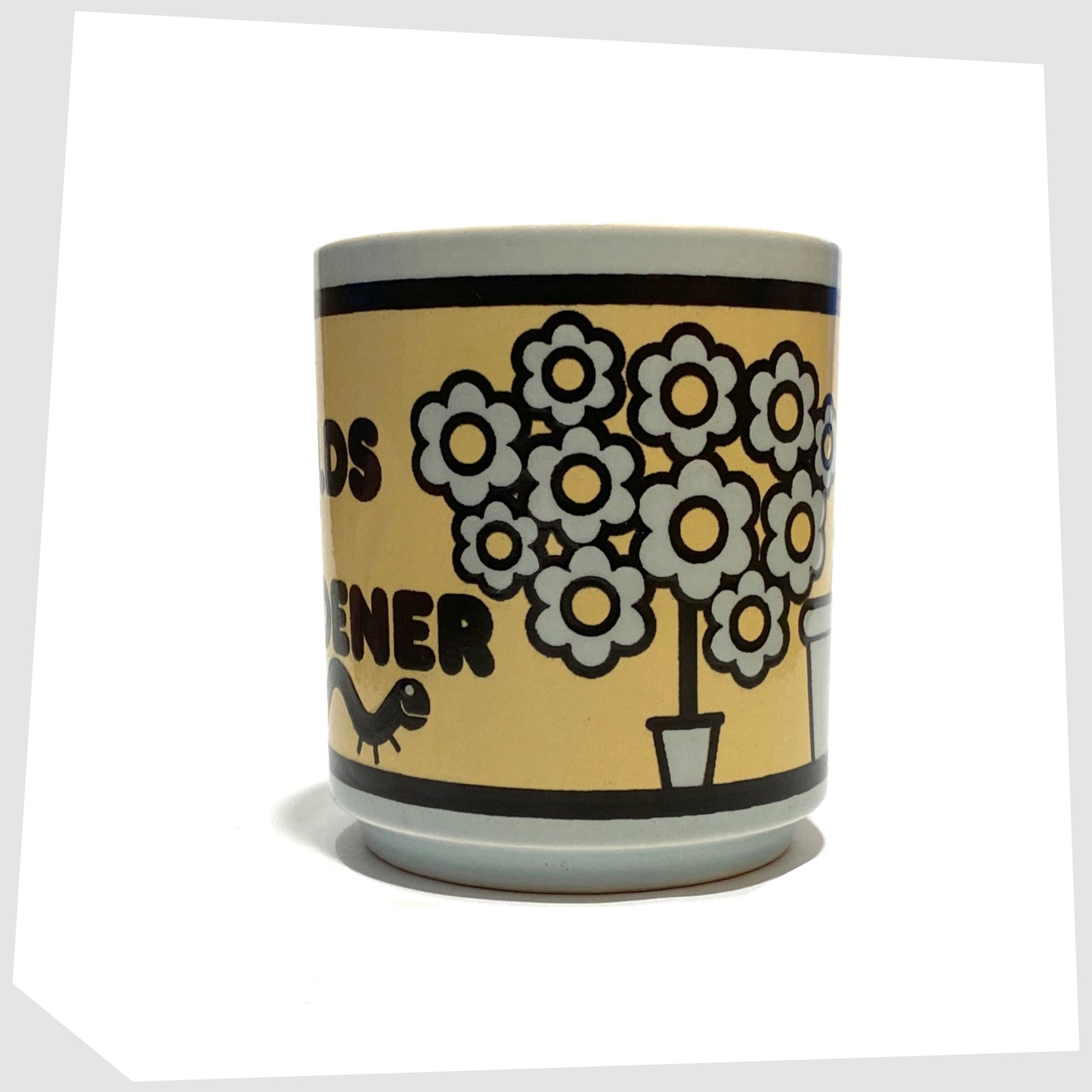 blue and beige Hornsea Pottery The Worlds Best Gardener Mug, featuring a playful illustration of a gardener alongside his wilting plants