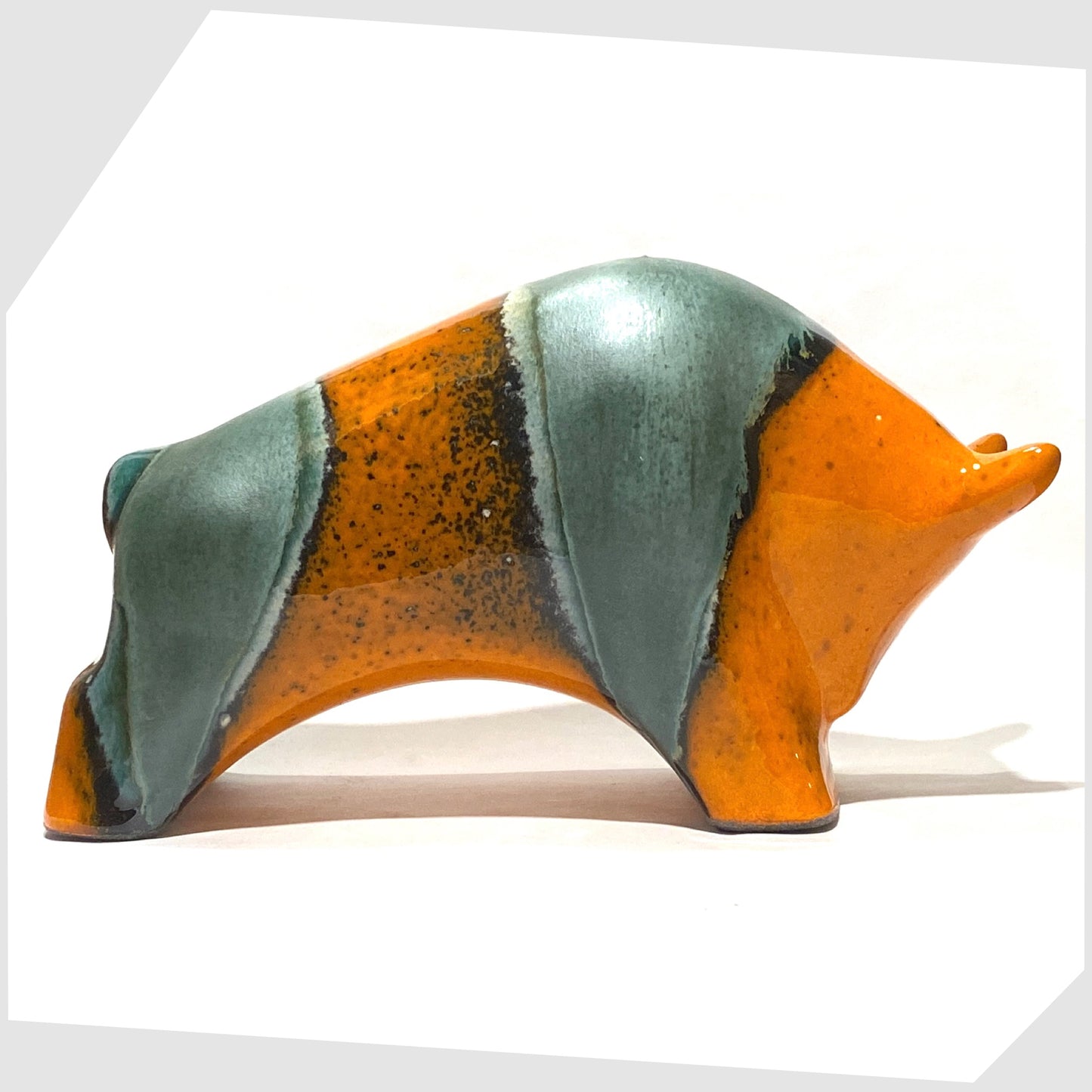 large orange and sea green glazed ceramic bull by otto keramik, germany