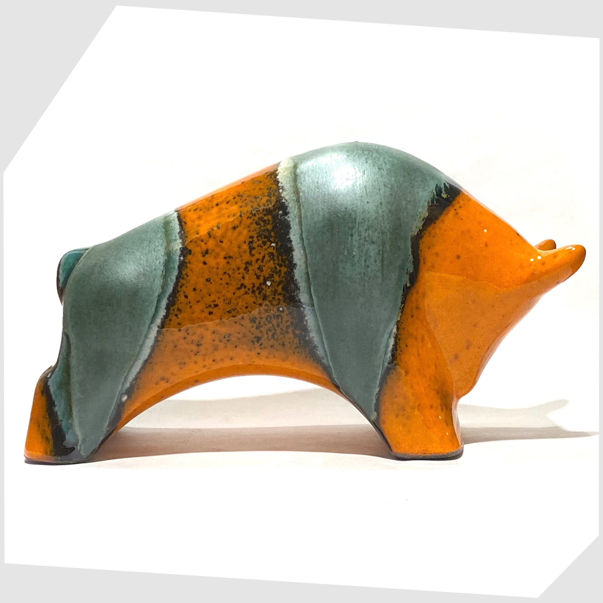 large orange and sea green glazed ceramic bull by otto keramik, germany