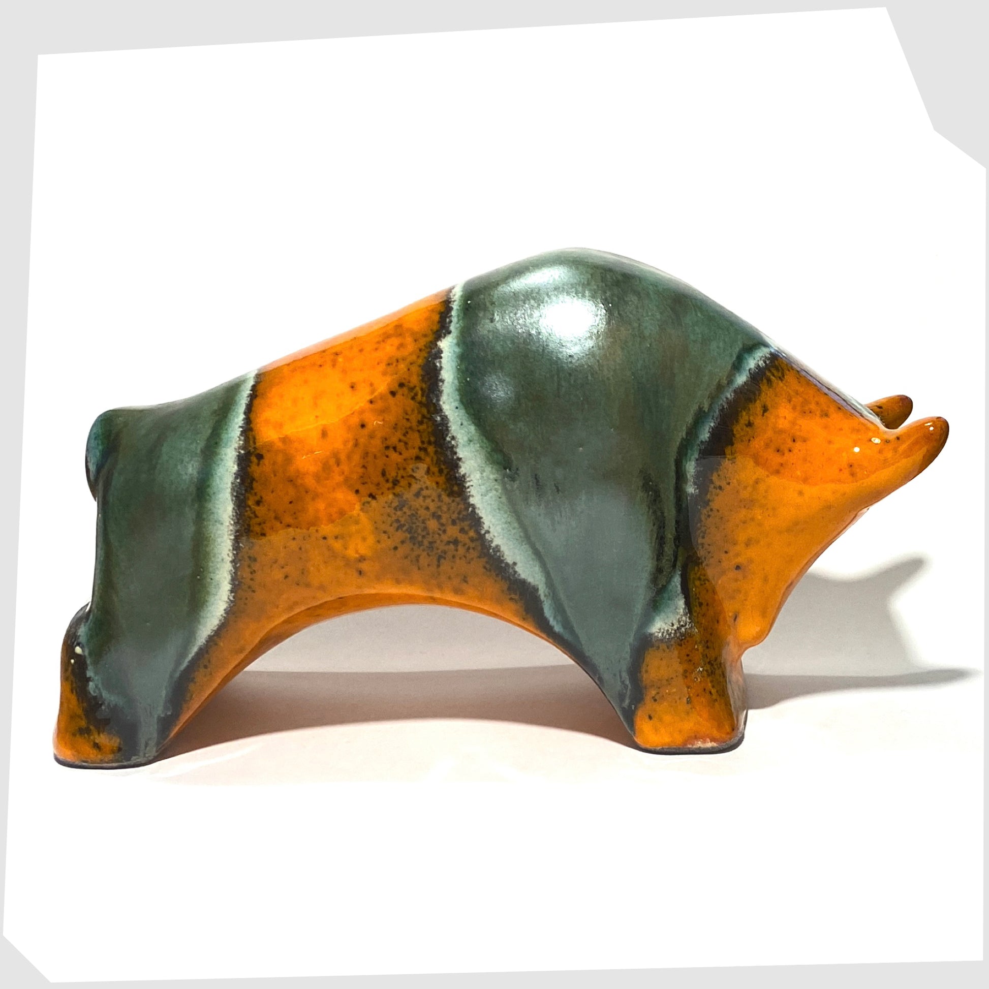 large orange and sea green glazed ceramic bull by otto keramik, germany
