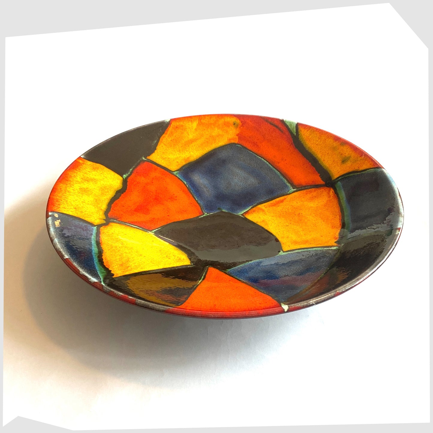 Vintage Poole Pottery Mosaic Dish glazed in a multicoloured design of red, orange, black and blue forms