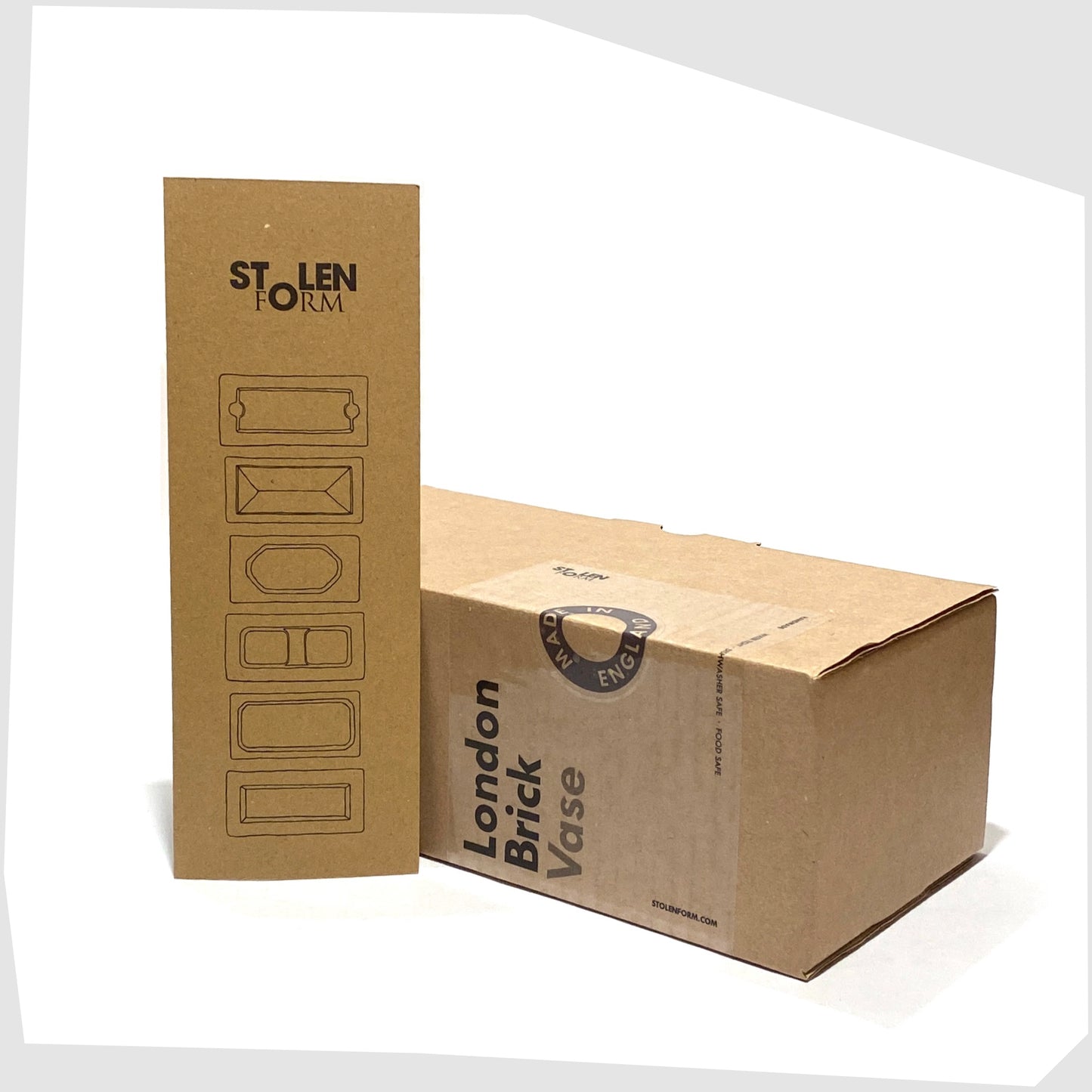 packaging for the London Brick Vase shown with its card insert