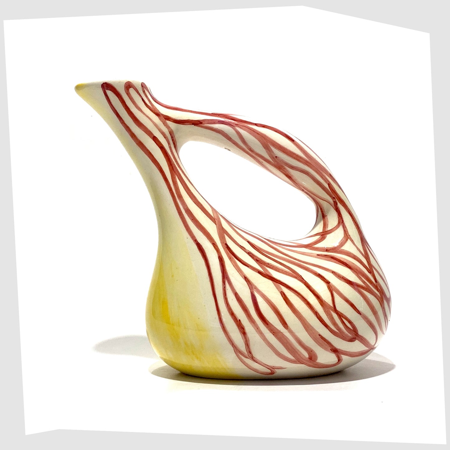 Vintage Lux Marmaca Italian Pottery Pitcher in a yellow and white glaze with hand drawn red lines