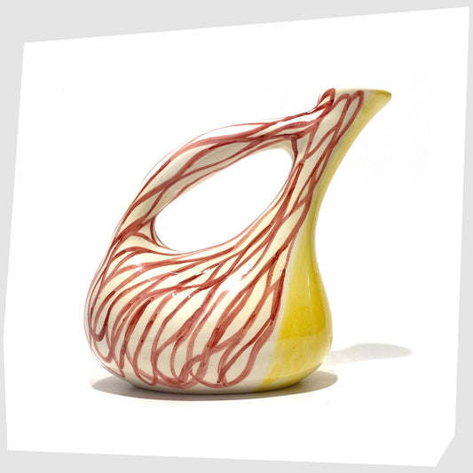 Lux Marmaca Italian Pottery Pitcher in a yellow and white glaze with hand drawn red lines