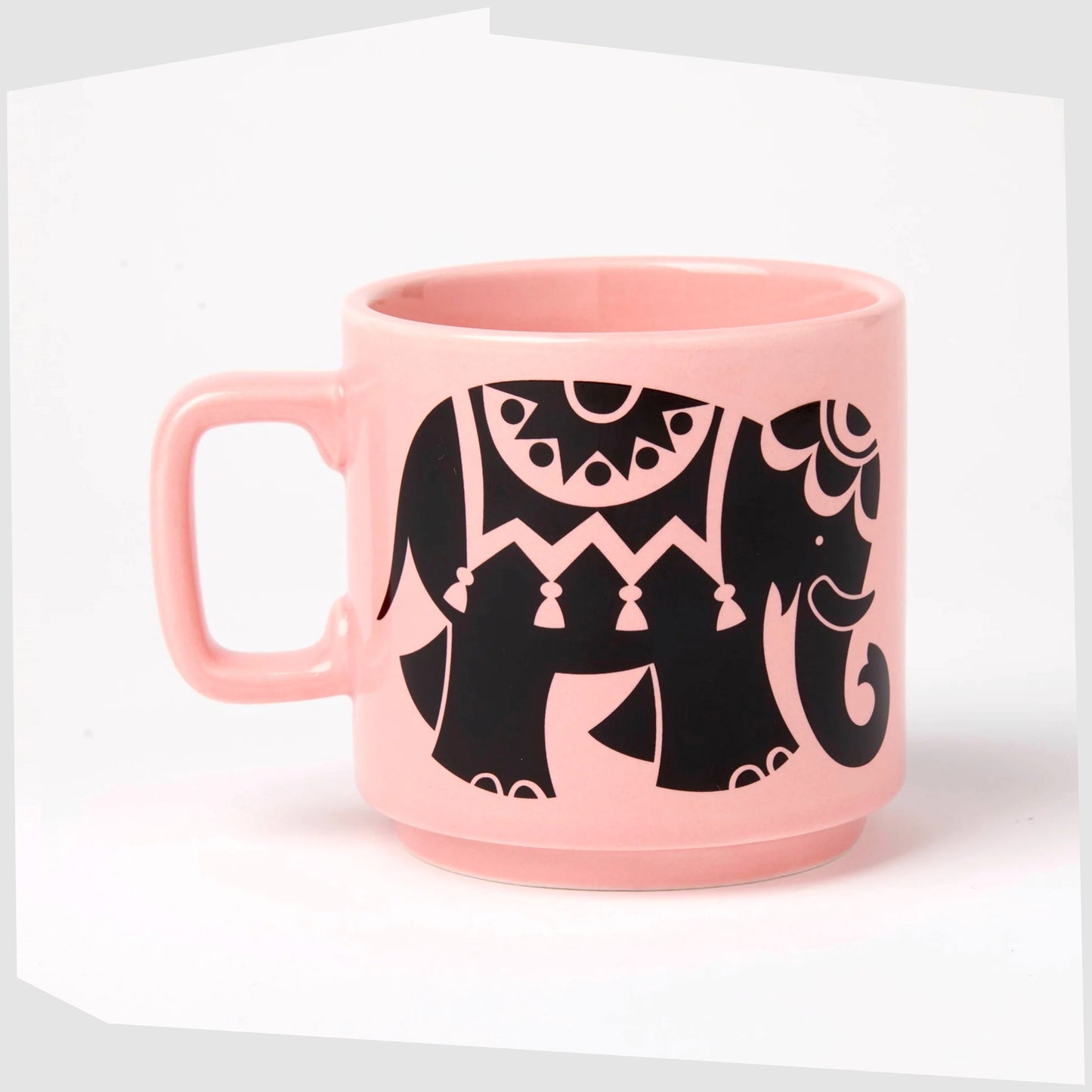 magpie x hornsea pottery elephant mug, featuring a pink mug with a black elephant design