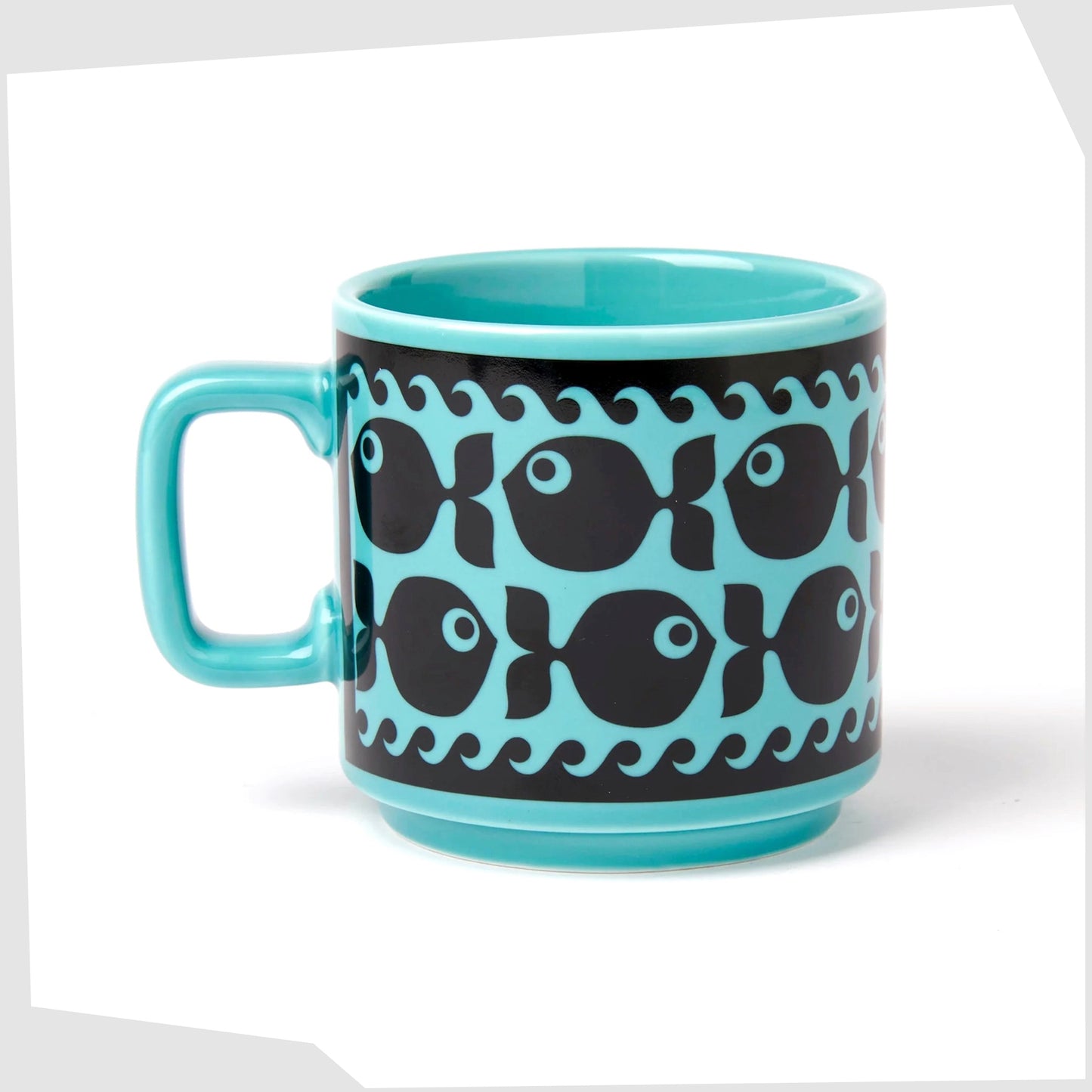 magpie x hornsea fish mug, blue mug with a black repeating pattern of a fish 