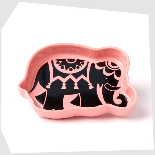Magpie X Hornsea Elephant Trinket Tray, pink stoneware tray featuring a black print of an elephant