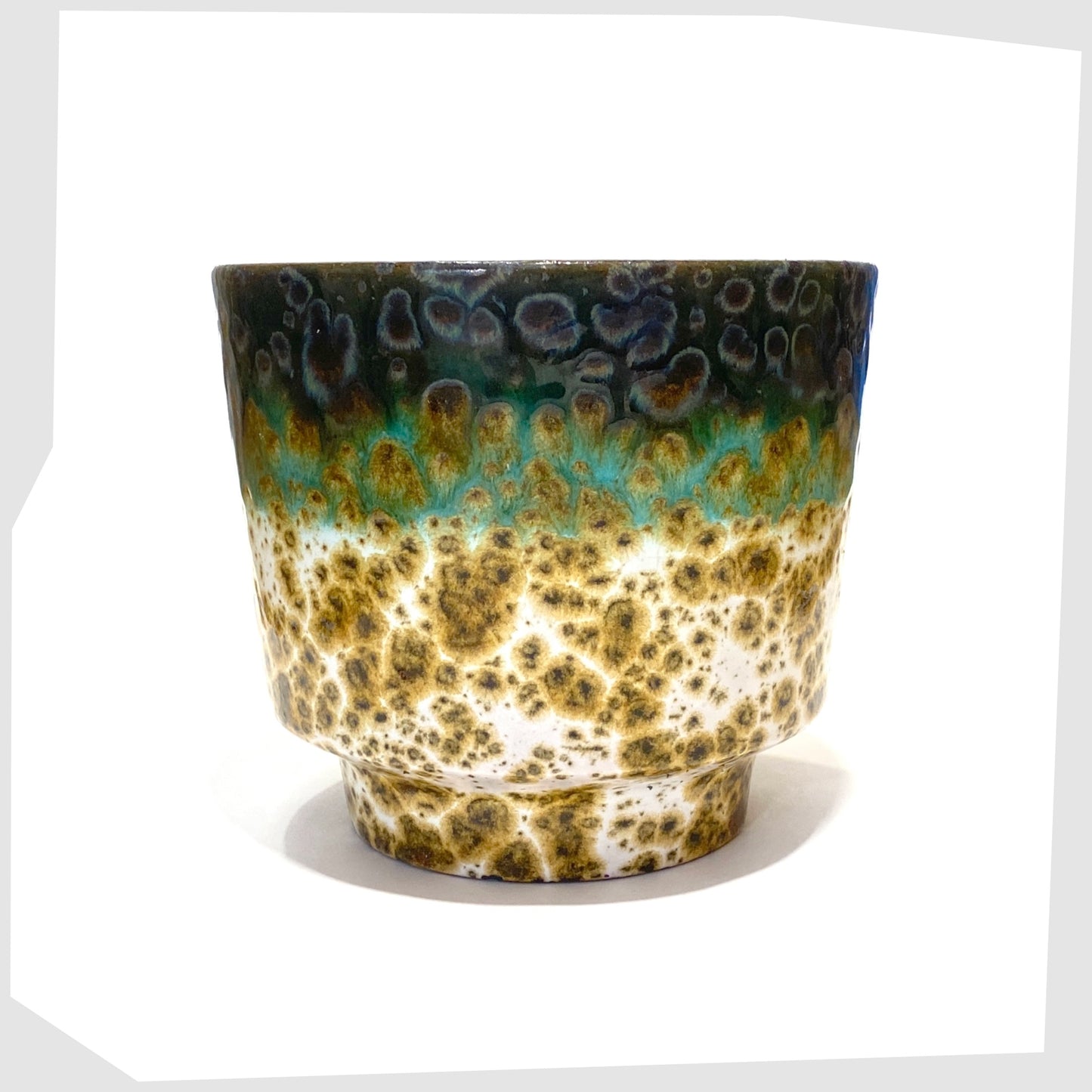 Marei Keramik Planter glazed in a fat lava with bands of green and navy glaze