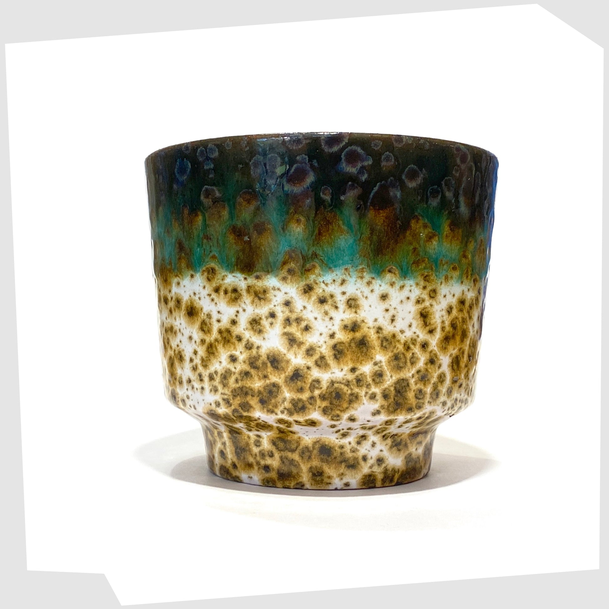 vintage west german pottery planter by Marei Keramik, in fat lava glaze with bands of green and navy glaze