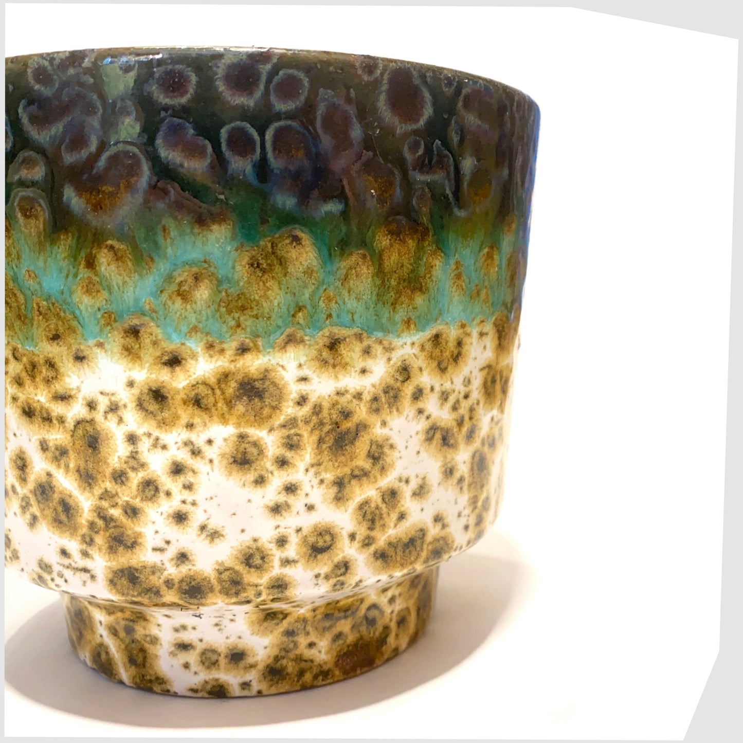 Marei Keramik Planter, in fat lava glaze with bands of green and navy glaze