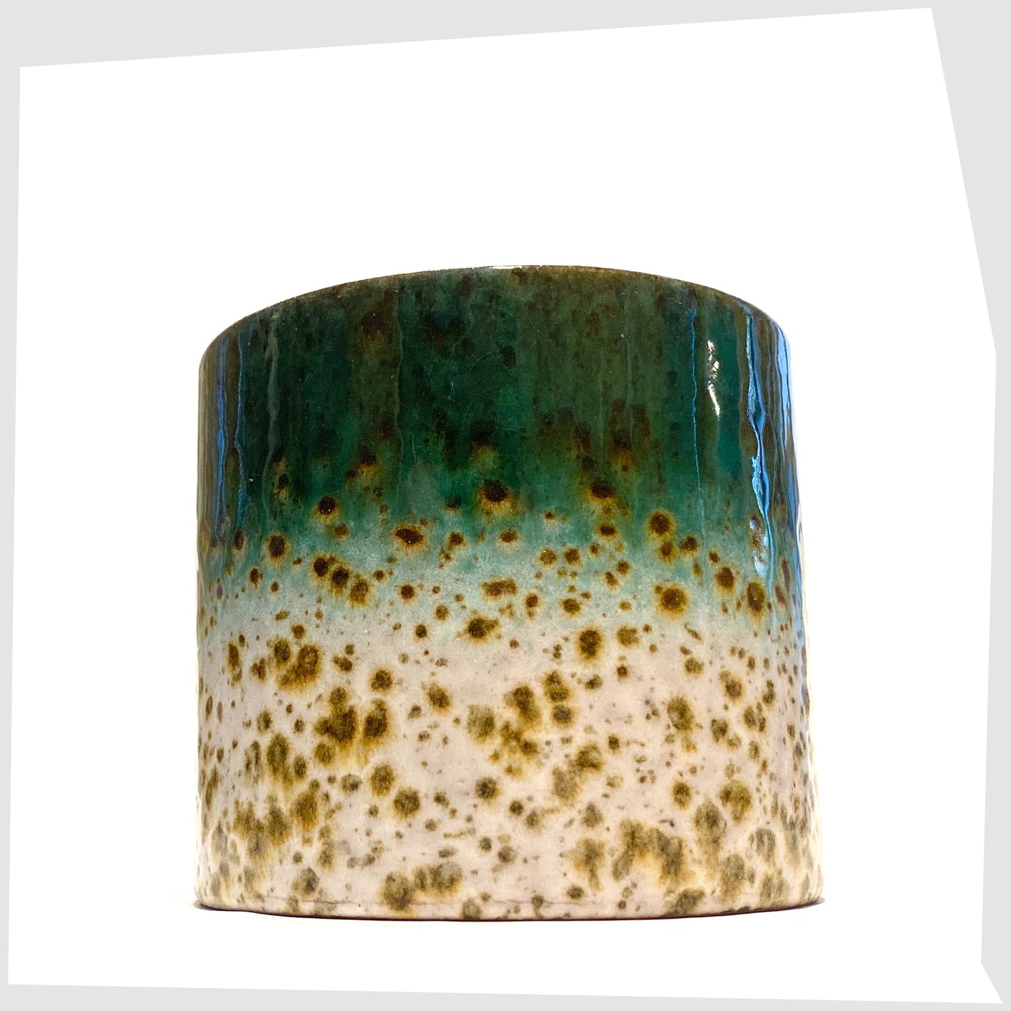 West German Pottery Marei Keramik Planter in green and white speckled glaze