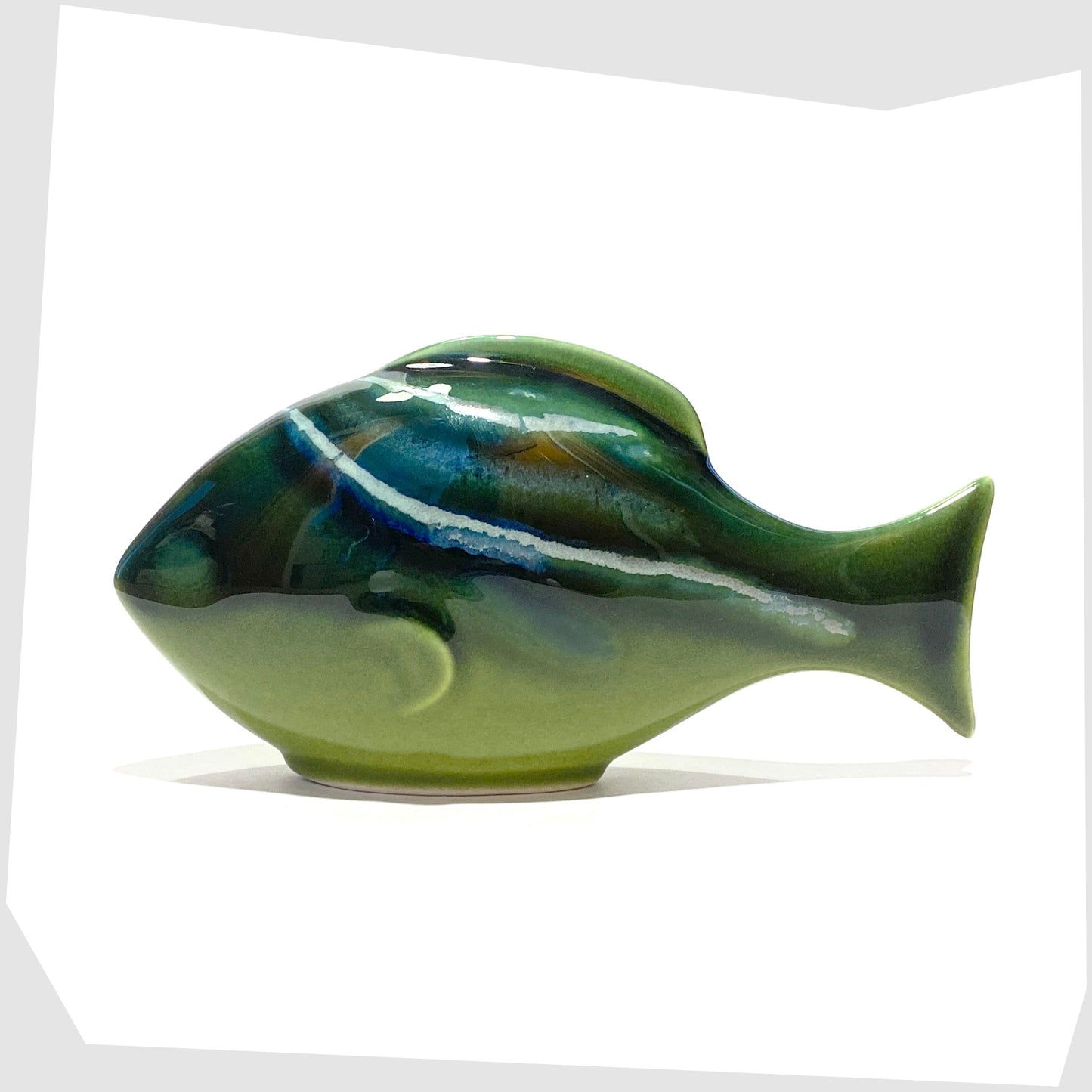 large poole pottery fish ornament in maya glaze of green, blue and warm grey