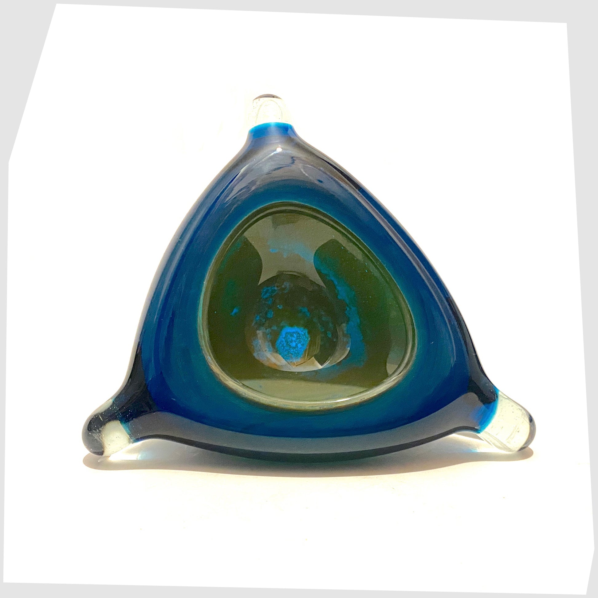 triangular glass dish by mdina glass malta in blue and green