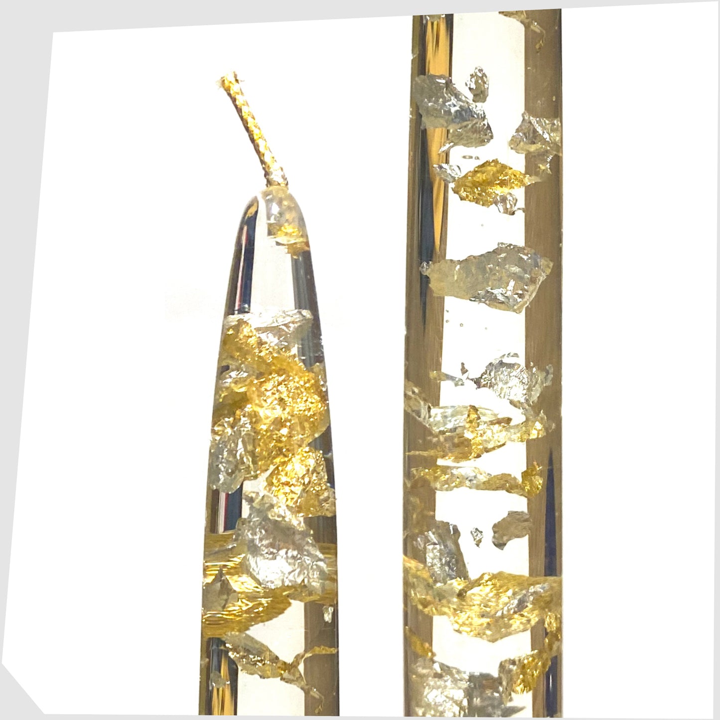 vintage lucite taper candle in clear acrylic with gold and silver flecks