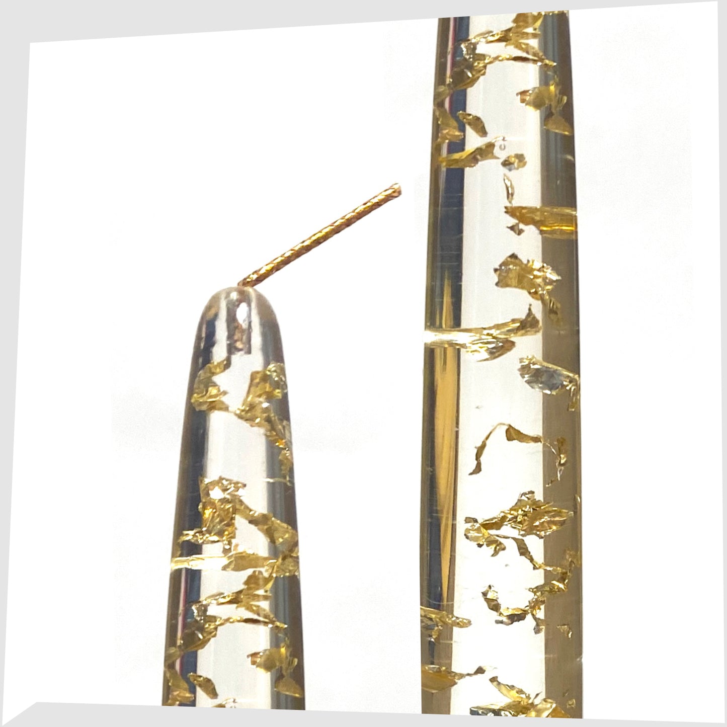 vintage lucite taper candle in clear acrylic with gold flecks