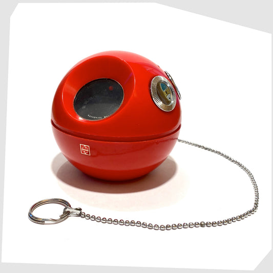 national panasonic R70 panapet radio in red, shown with its hanging chain
