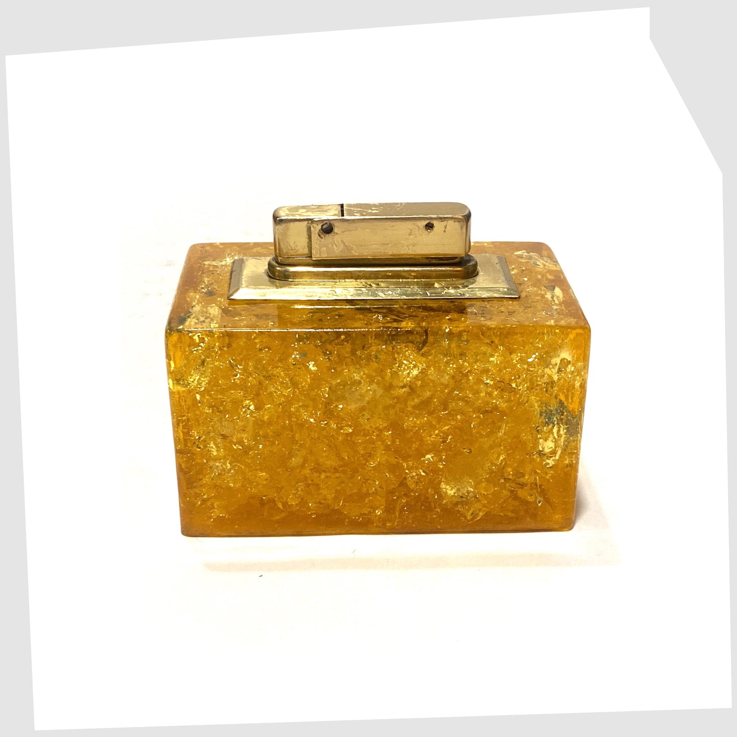 Vintage Orange Shattaine Table Lighter in rectangular resin with brass fitting