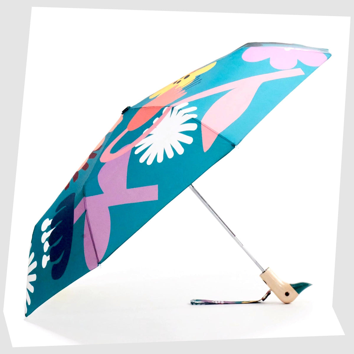 Original Duckhead Umbrella in Bloom print of multicoloured stylised flowers on a teal fabric, shown open on a white background