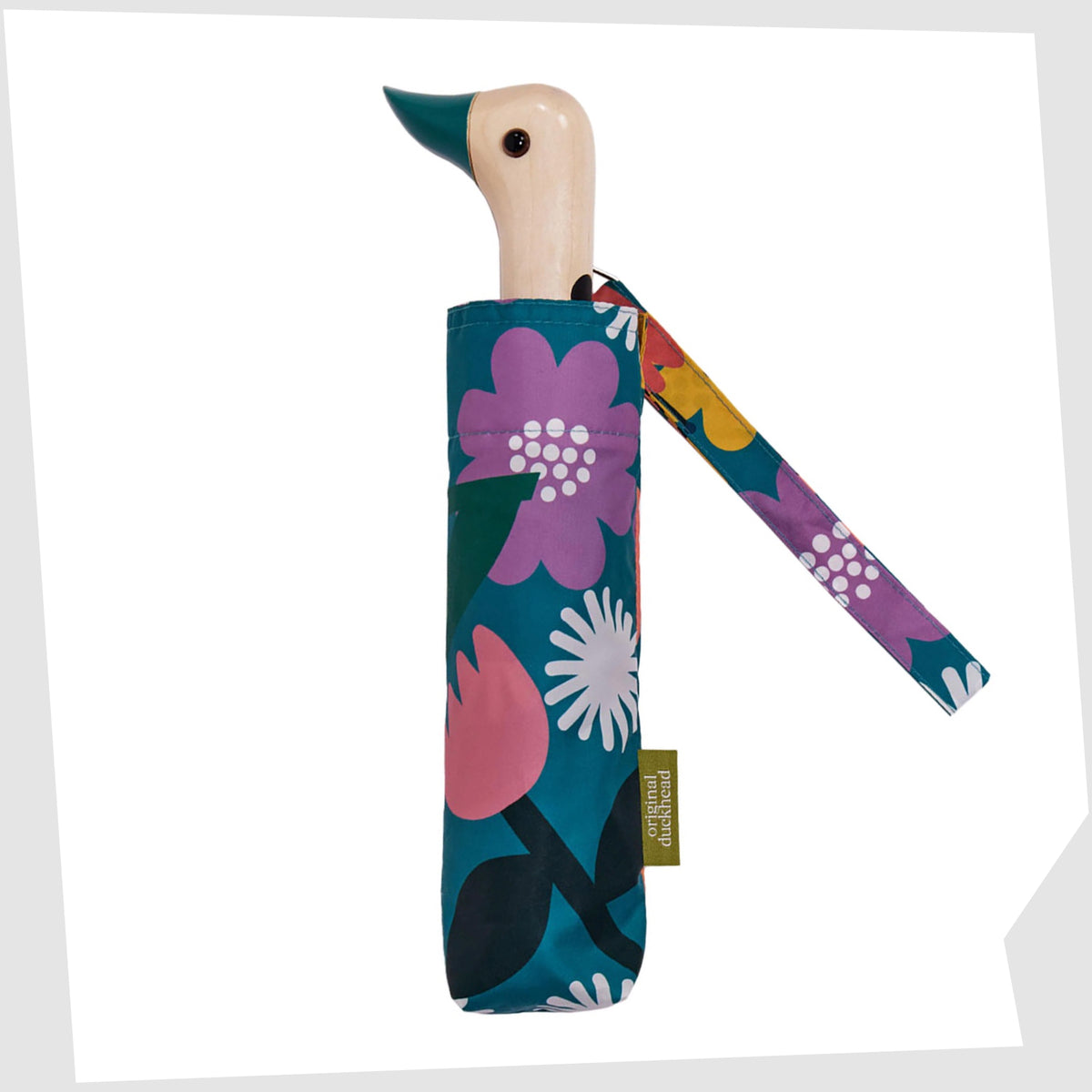 Original Duckhead Umbrella in Bloom print of multicoloured stylised flowers on a teal fabric, shown closed on a white background