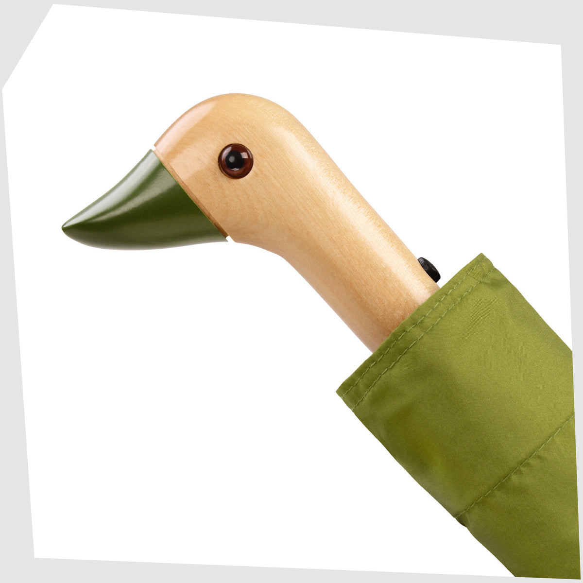Close up of the handle on the Original Duckhead Umbrella in Olive Green, shown closed on a white background