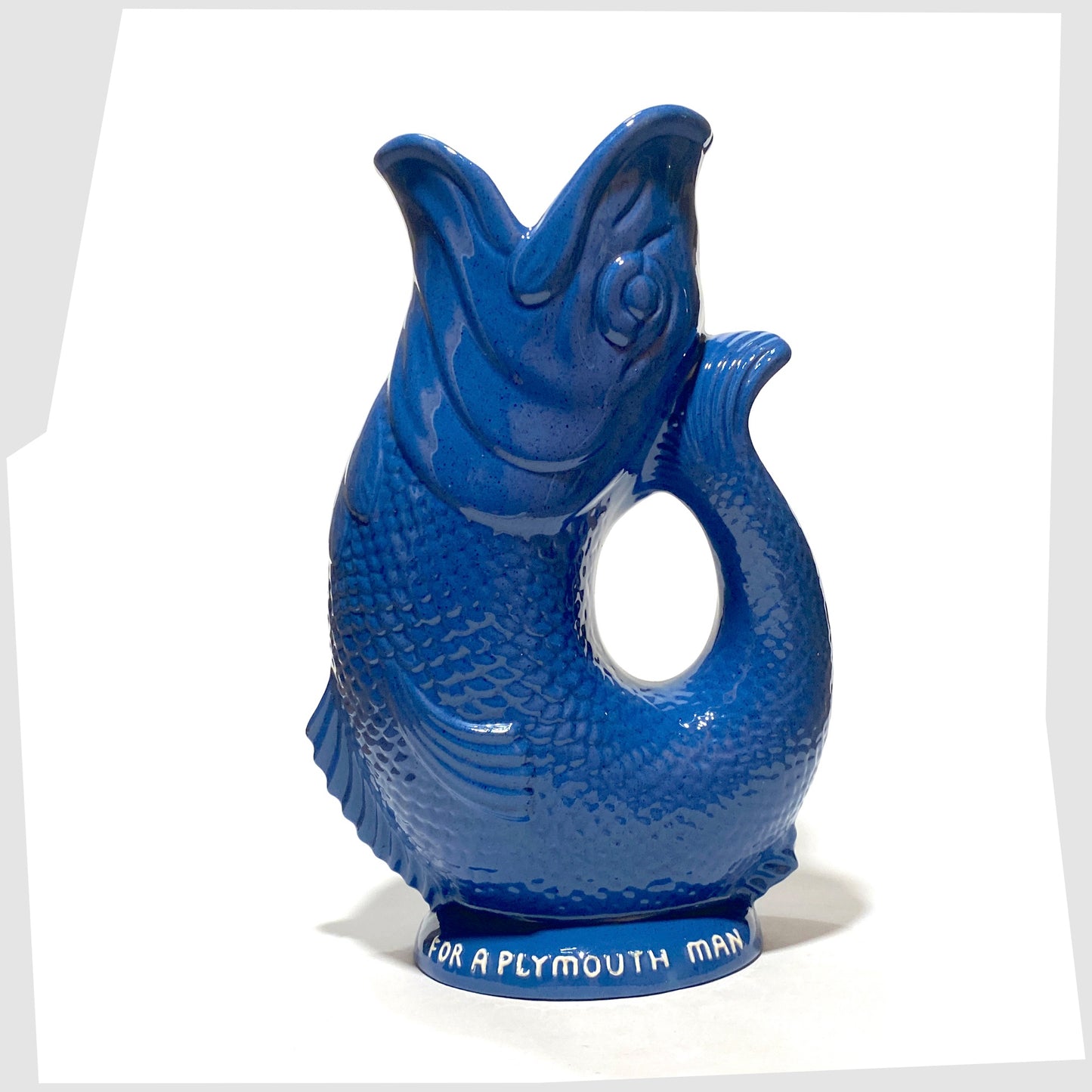 Plymouth Gin Dartmouth Pottery Gluggle Jug in blue glaze with "for a Plymouth man' on the base rim