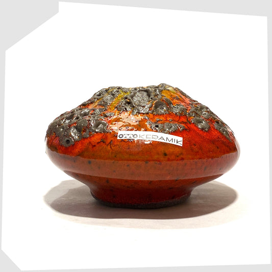Otto Keramik 203 Vase in red glaze with yellow around the top rim, shown on a white background