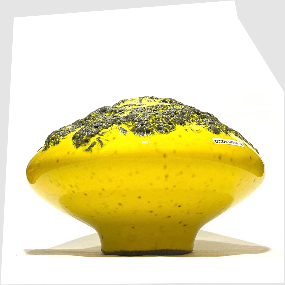 West German Pottery-style Otto Keramik Vase, model 203, in vibrant yellow glaze with grey fat lava, shown on a white background