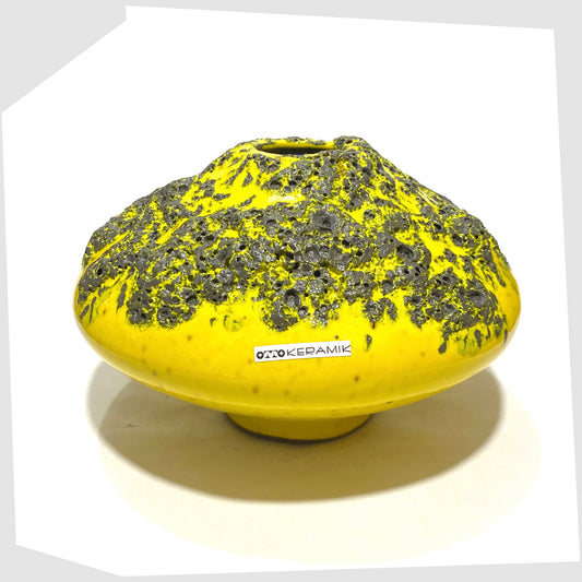 Otto Keramik Vase, model 203, in vibrant yellow glaze with grey fat lava, shown on a white background