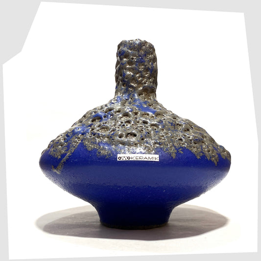 Otto Keramik 206 Vase in a vivid blue colour with grey fat lava glaze, shown on a white background