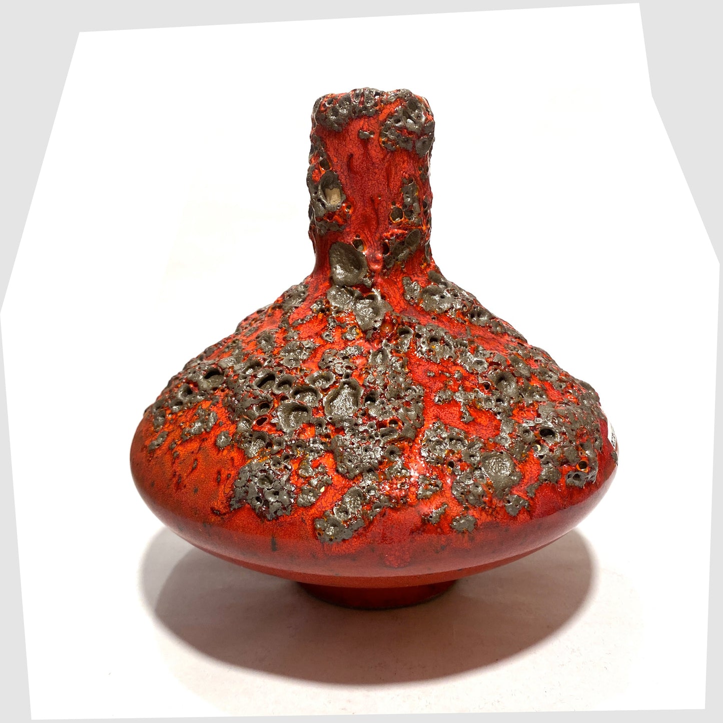 Otto Keramik 206M Vase in a vibrant red glaze with yellow hues around the rim and deep fat lava glazing, shown on a white background
